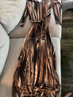 Fashion Nova Brown & Black Striped Womens Maxi Dress with Self Belt